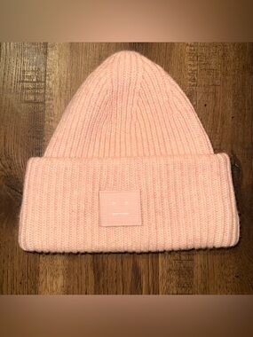 Acne Studios Large Face Logo Knit Winter Beanie‎ Cap Pink 100% Wool
